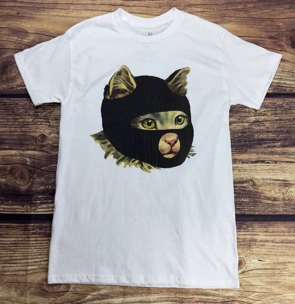 Cat With Ski Mask Graphic White Tshirt Small Skully Funny